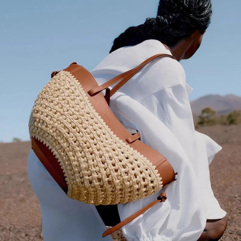 Bolso tote tejido para mujer, bolso de playa de paja de gran capacidad, bolso de hombro sencillo e informal para el verano.