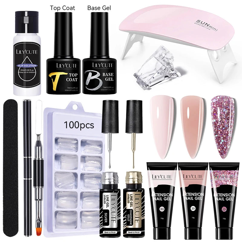 Kit de gel para extensión de uñas LILYCUTE de 15 ml, gel UV, acrílico, blanco, transparente, rosa, esmalte de uñas, lámpara LED, set de manicura para decoración de uñas.