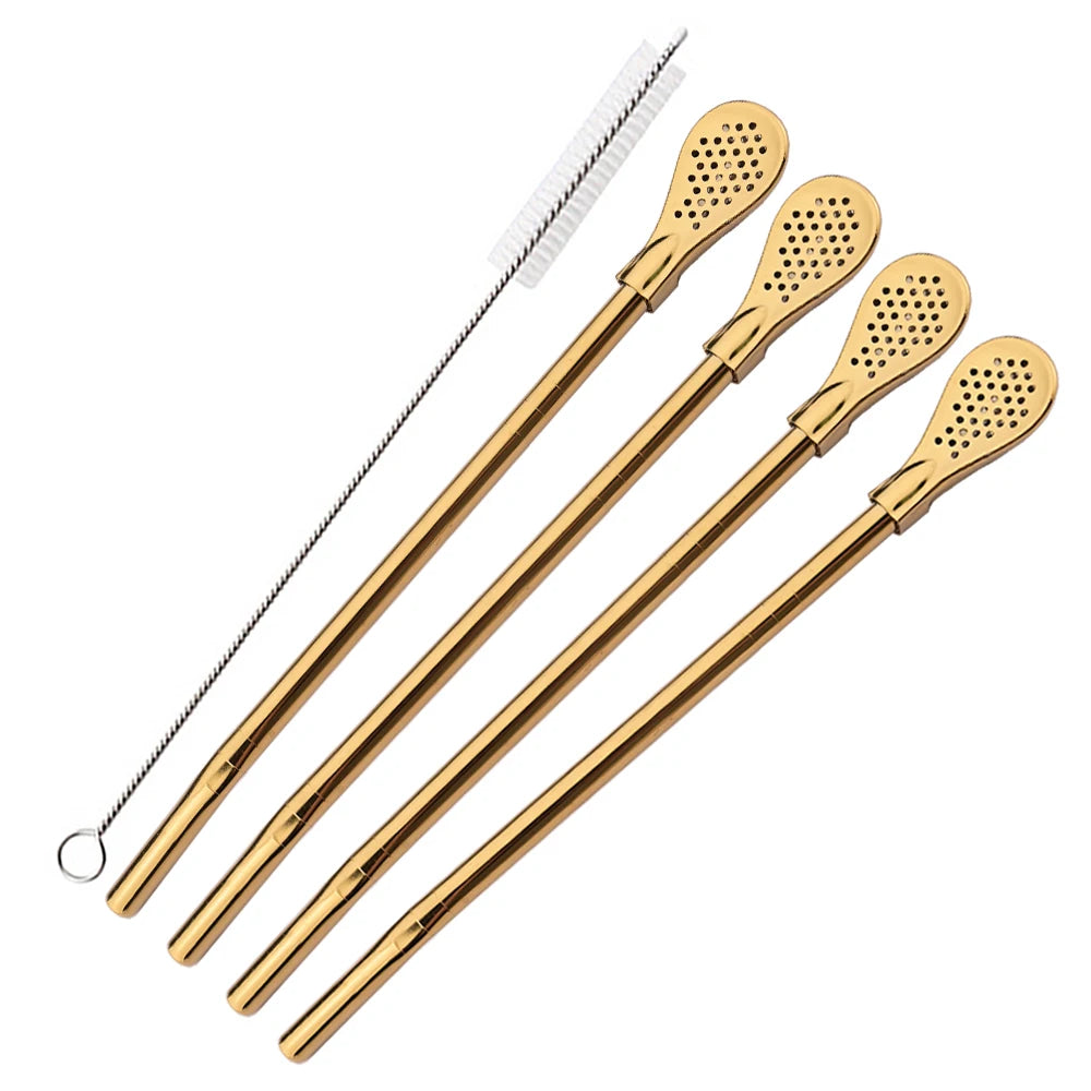 Juego de 5 pajitas de acero inoxidable plateadas lavables y reutilizables para yerba mate, con filtro tipo cuchara, ideales para coctelerías y accesorios de bar.