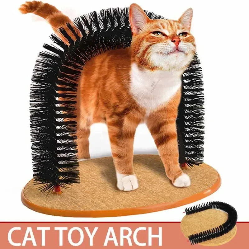 Arco de juguete para gatos, auto-aseo, mima a tu felino con un cepillo de masaje y frotamiento con rascador, juguete interactivo para gatos.