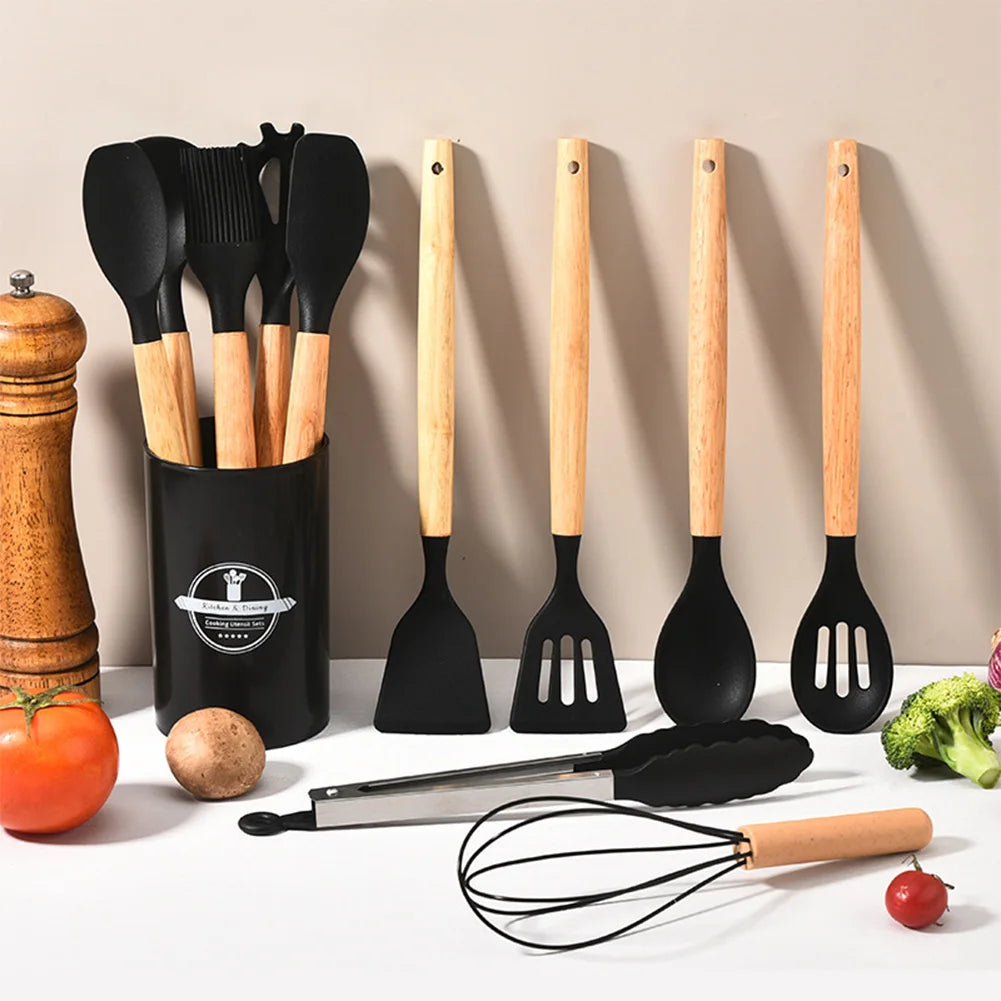 Juego de 12 piezas de utensilios de cocina de silicona antiadherentes: espátula, pala, cuchara, brocha, batidor, mango de madera.