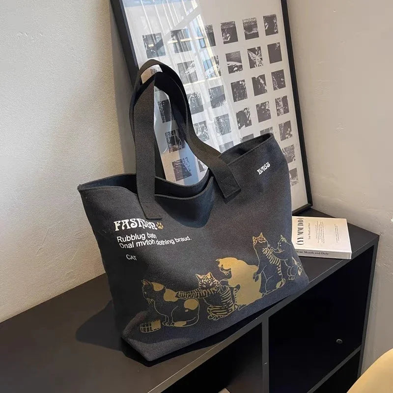 Bolsos de lona de gran capacidad, bolso de mano para mujer, bolso de hombro con estampado de gato anime y letras, bolso casual para niñas, bolso de viaje portátil grande.