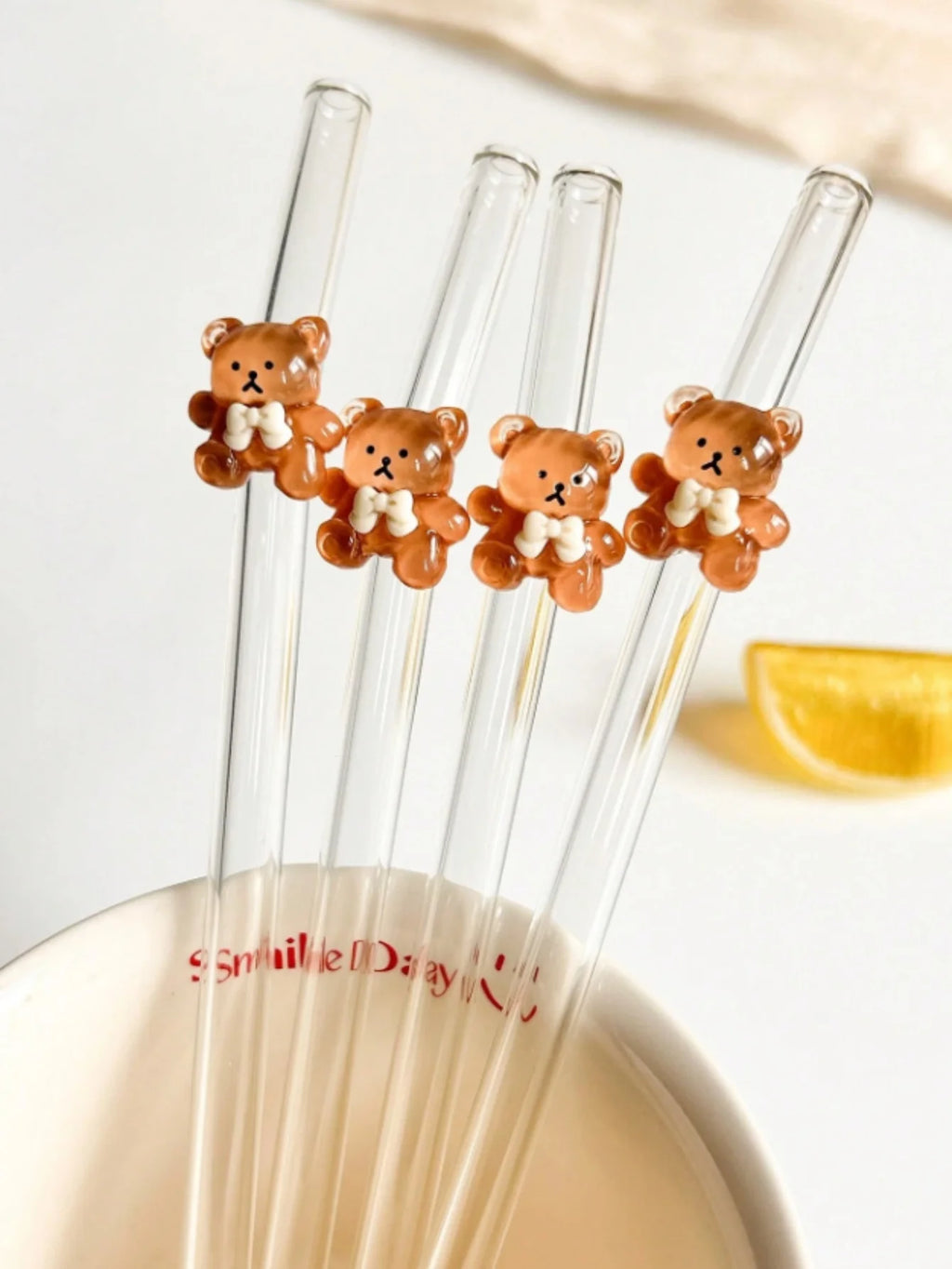 Juego de 1/5/7 pajitas de vidrio con forma de oso, pajitas curvas reutilizables para té con leche, cócteles y bebidas heladas, regalo ideal para una cita en una tienda de postres con un ambiente acogedor.