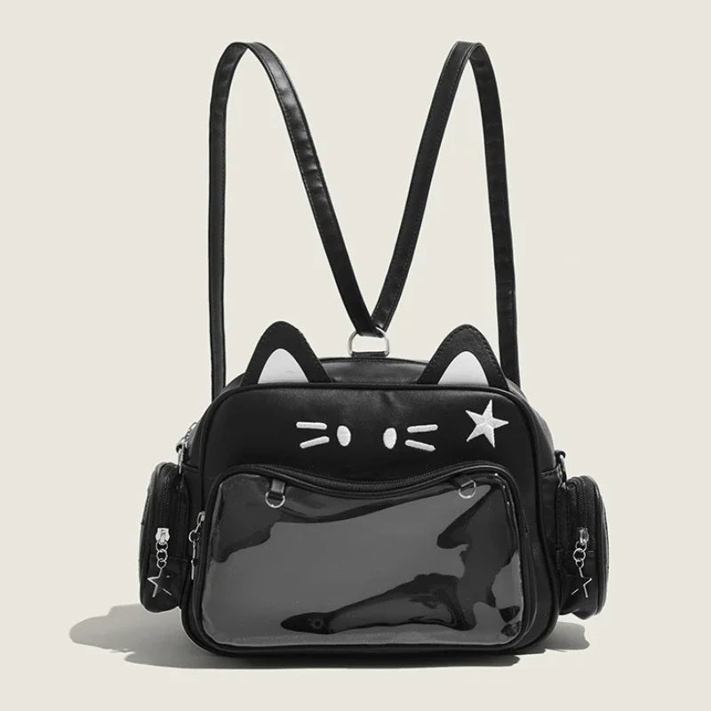 Mochilas de moda para mujer Y2K estilo coreano/japonés Kawaii con gato, bolso Ita de PU, lindas chicas, bolsillo transparente, estéticas, bolsos de hombro y bandolera