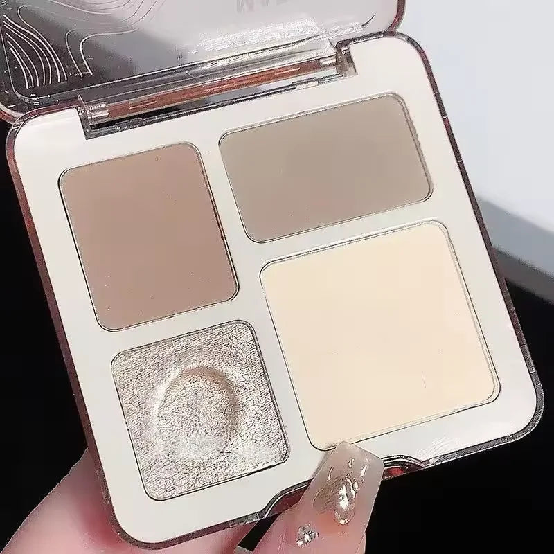 Paleta de contorno facial tridimensional de cuatro colores para iluminar y definir, cosméticos de contorno tridimensionales mate de larga duración.