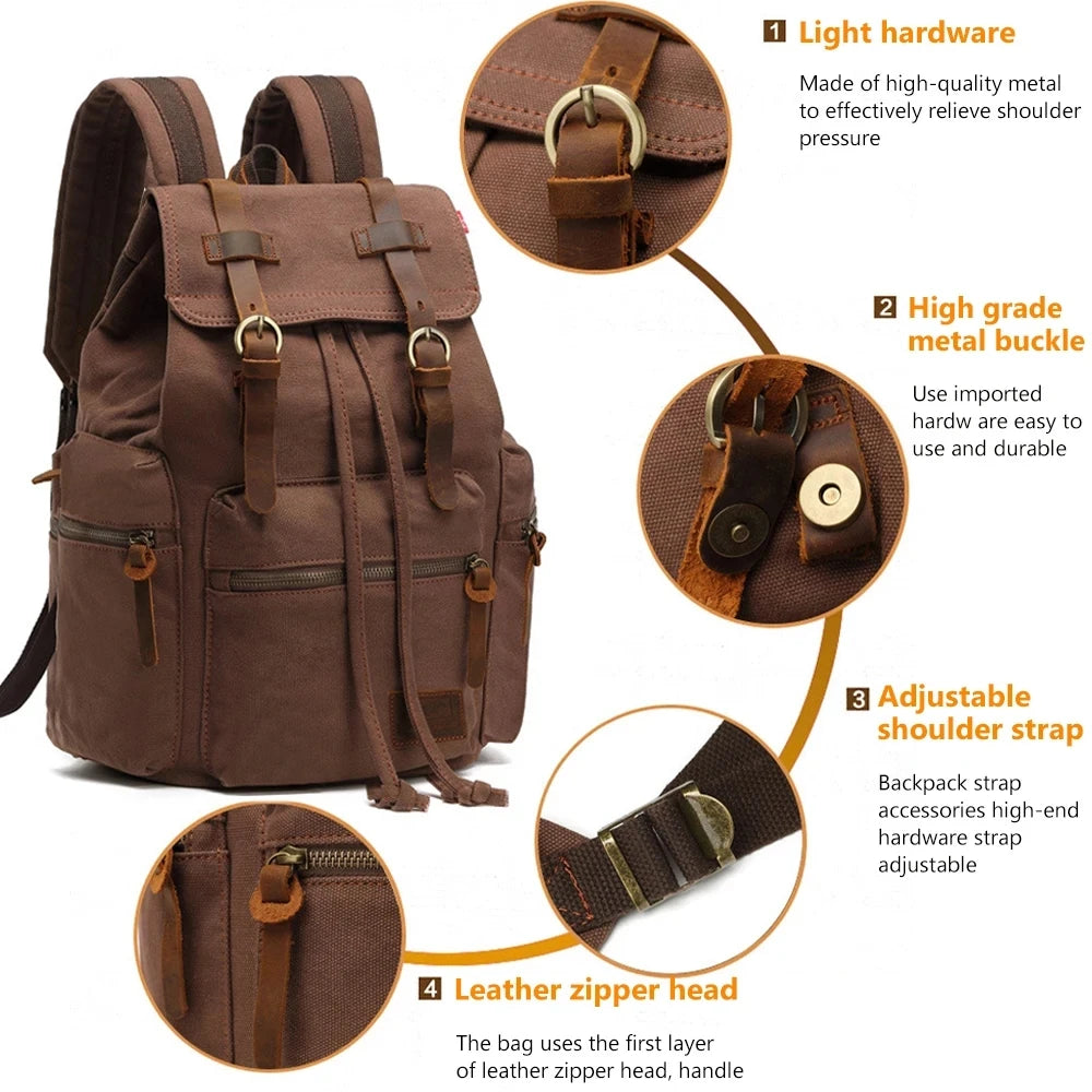 Mochila masculina retro de lona, apta para portátil de 14 pulgadas, mochila vintage de 36-55L resistente al desgaste, color café, envío por goteo