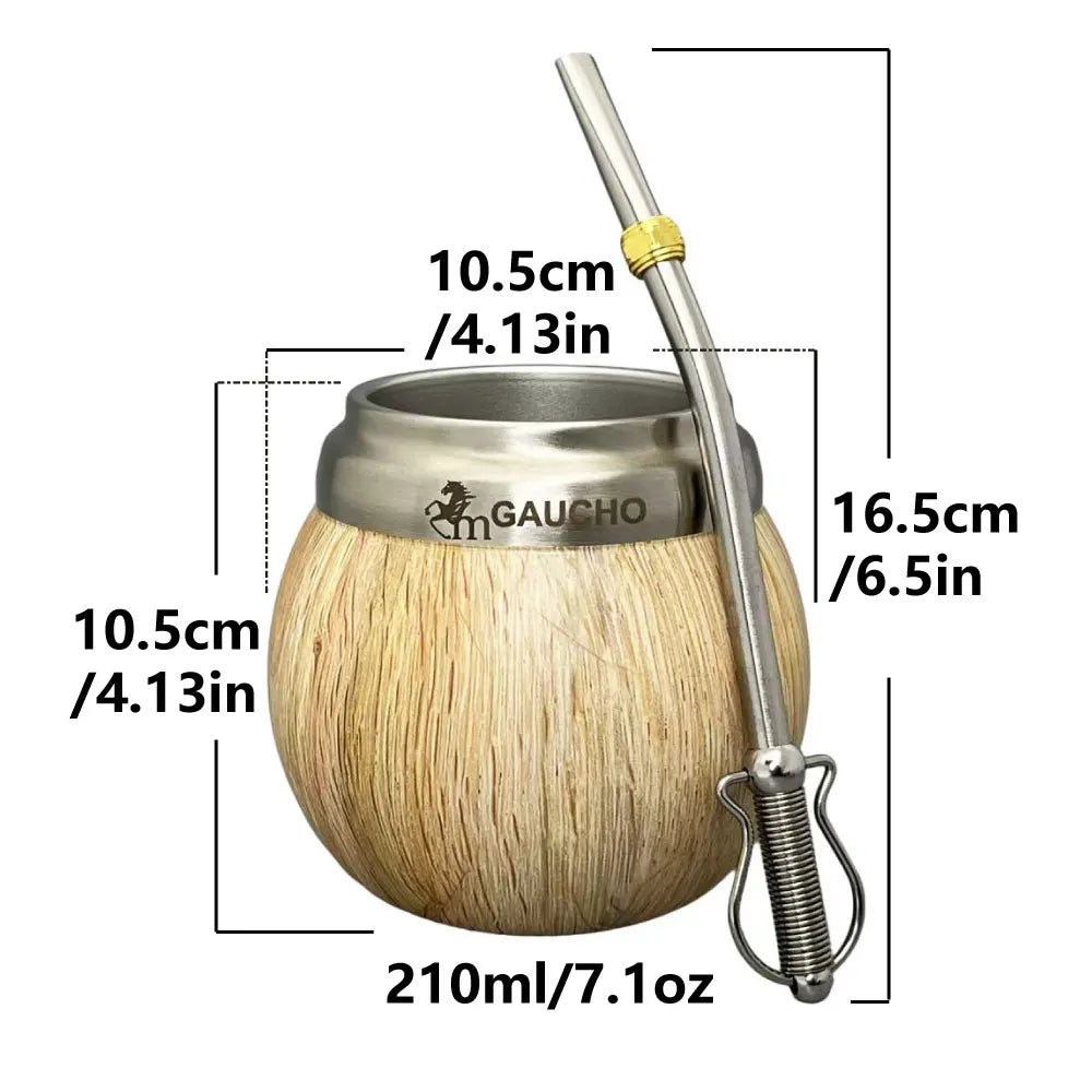 Juego de mate Gaucho Yerba Mate de acero inoxidable con forma de calabaza, 210 ml, aislamiento térmico, filtro extraíble, pajita, bombilla y cepillo de limpieza.