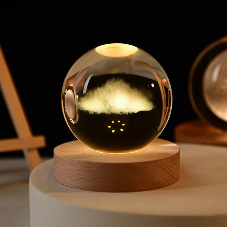 1 Pc Bola de Cristal de 6 cm Lámpara Nocturna Planeta Grabado con Láser Regalo de Cumpleaños Esfera de Vidrio Decoración de Escritorio para el Hogar con Base de Madera y USB