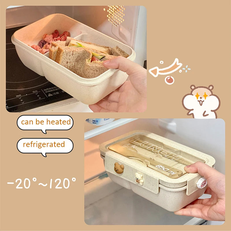 Caja de almuerzo de 1100ML para niños, escuela, adultos, oficina, de paja de trigo, apta para microondas, picnic, almacenamiento, portátil, gran caja bento con cuchara y palillos