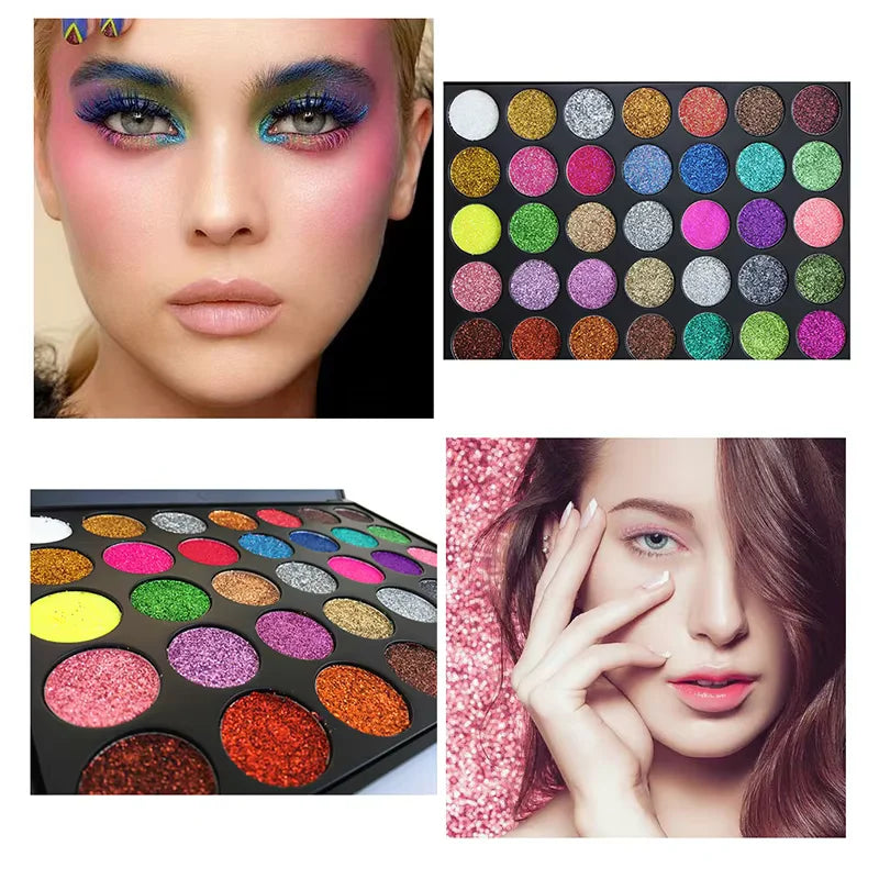 Paleta de sombras de ojos con lentejuelas de diamante de 35 colores, polvo brillante de alta pigmentación con purpurina y acabado satinado, maquillaje de larga duración e impermeable.