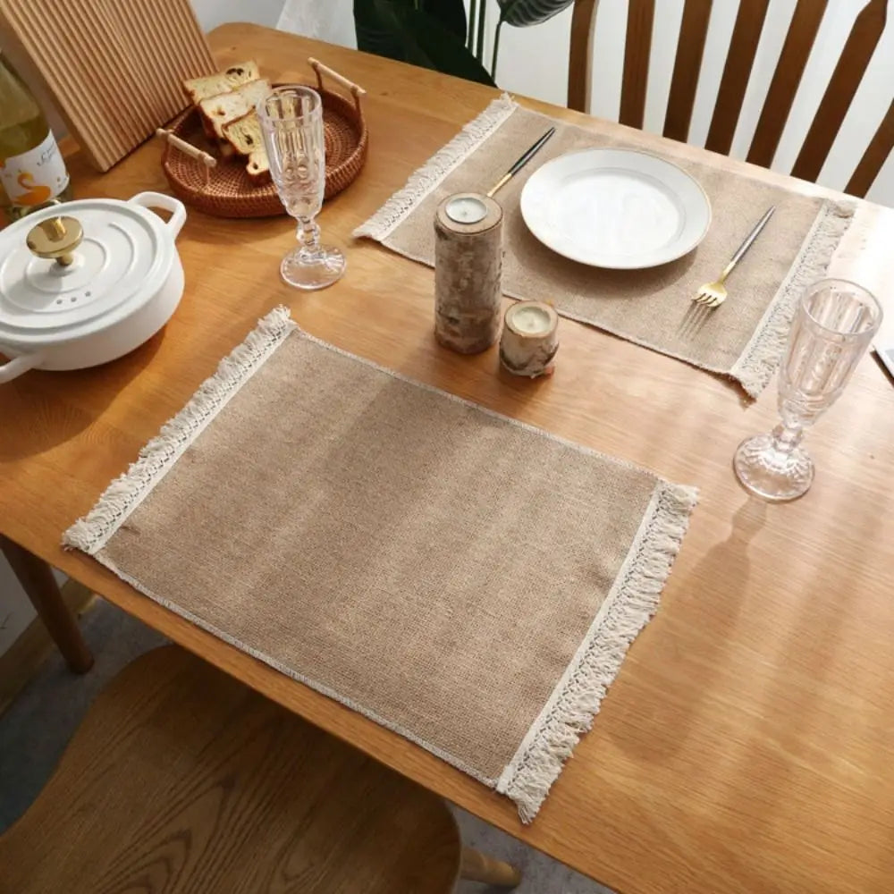 1 unidad de manteles individuales cuadrados creativos para mesa de comedor con encaje, de yute natural. Manteles individuales para mesa de comedor y cocina. Decoración de mesa de yute color caqui.