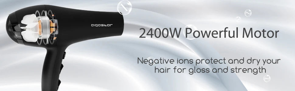 Secador de pelo iónico profesional AIGOSTAR, 2400 W con 2 velocidades y 3 ajustes de temperatura, incluye difusor y boquilla concentradora, protección contra sobrecalentamiento para un secado rápido y un potente flujo de aire de hasta 56,88 km/h.