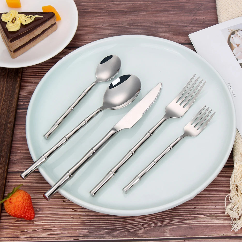 Juego de cubiertos dorados de acero inoxidable 304 de 5/10/15/20 piezas, vajilla plateada de estilo occidental, mango con forma de bambú y espejo, utensilios de cocina.