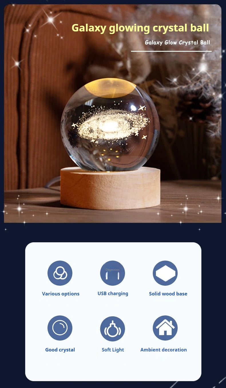 Lámpara de bola de cristal 3D con proyecciones de galaxias y planetas, luz nocturna LED USB para crear un ambiente acogedor en el hogar, decoración navideña.