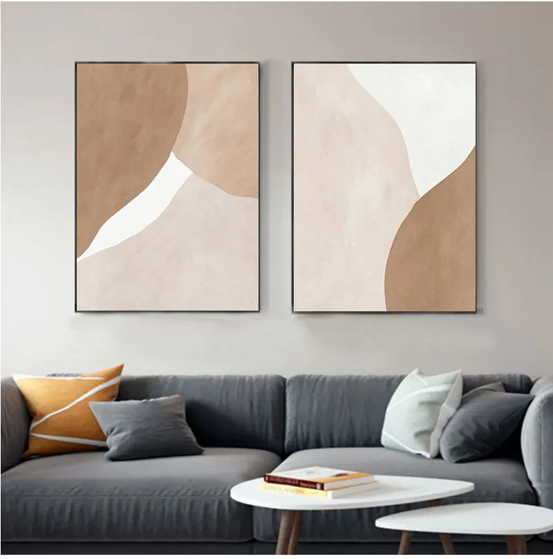 Cuadro abstracto geométrico moderno en tonos beige y marrón sobre lienzo, ideal para decoración de paredes, salas de estar y otros espacios.