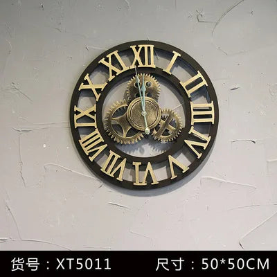 Reloj de pared vintage con engranajes, estilo industrial, de madera y metal, decoración rústica americana para bares o cafeterías.