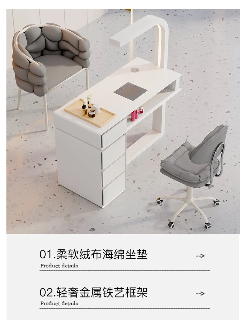 Cream Dust Collector Manicure Table With Lamp French Beauty Storage Nail Table Minimalist Aesthetic Table Ongle Salon Furniture
