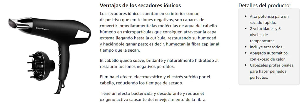 Secador de pelo iónico profesional AIGOSTAR, 2400 W con 2 velocidades y 3 ajustes de temperatura, incluye difusor y boquilla concentradora, protección contra sobrecalentamiento para un secado rápido y un potente flujo de aire de hasta 56,88 km/h.