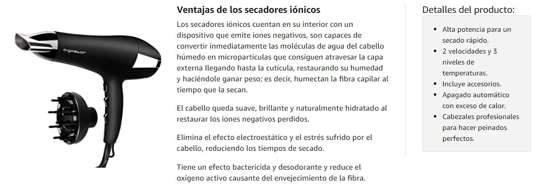 Secador de pelo iónico profesional AIGOSTAR, 2400 W con 2 velocidades y 3 ajustes de temperatura, incluye difusor y boquilla concentradora, protección contra sobrecalentamiento para un secado rápido y un potente flujo de aire de hasta 56,88 km/h.