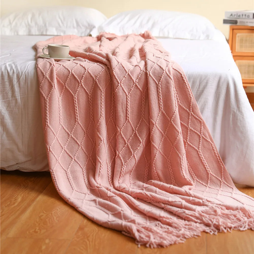 Mantas nórdicas de punto con borlas, color caqui, crema y gris, estilo vintage, ideales para cama, sofá o sillón. Funda de cama extragrande.