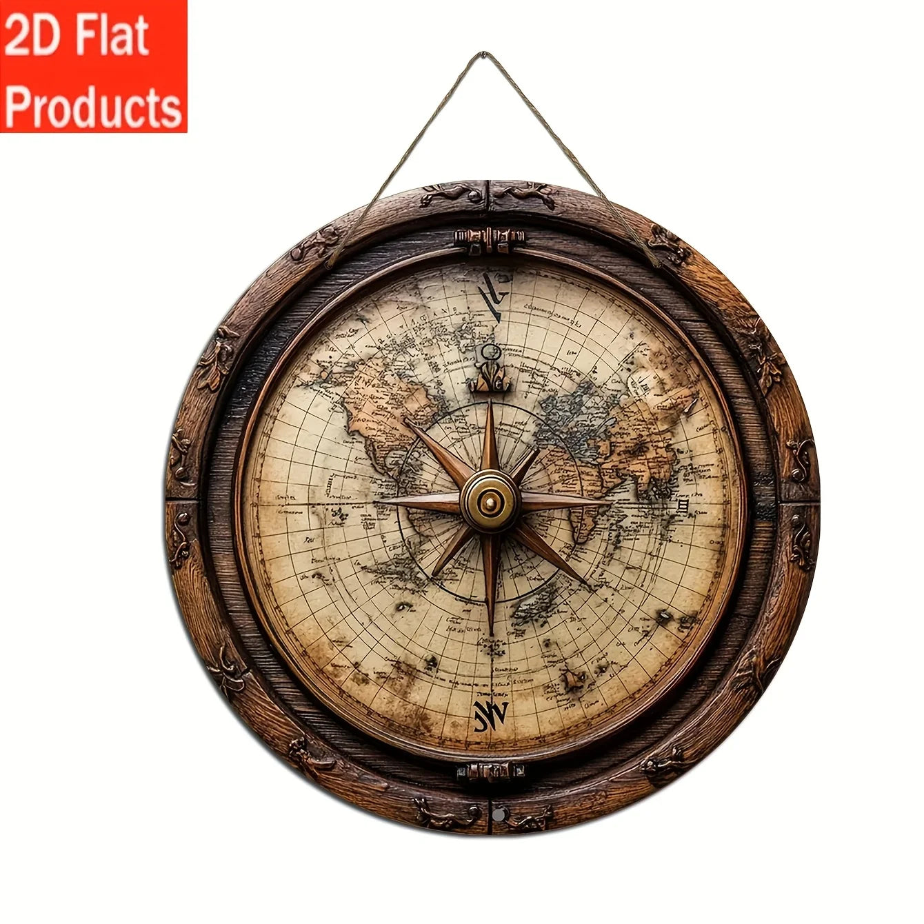 Mapa náutico vintage del mundo, arte de pared de madera - Placa redonda de madera de 8x8 pulgadas con rosa de los vientos, decoración costera para sala de estar u oficina.