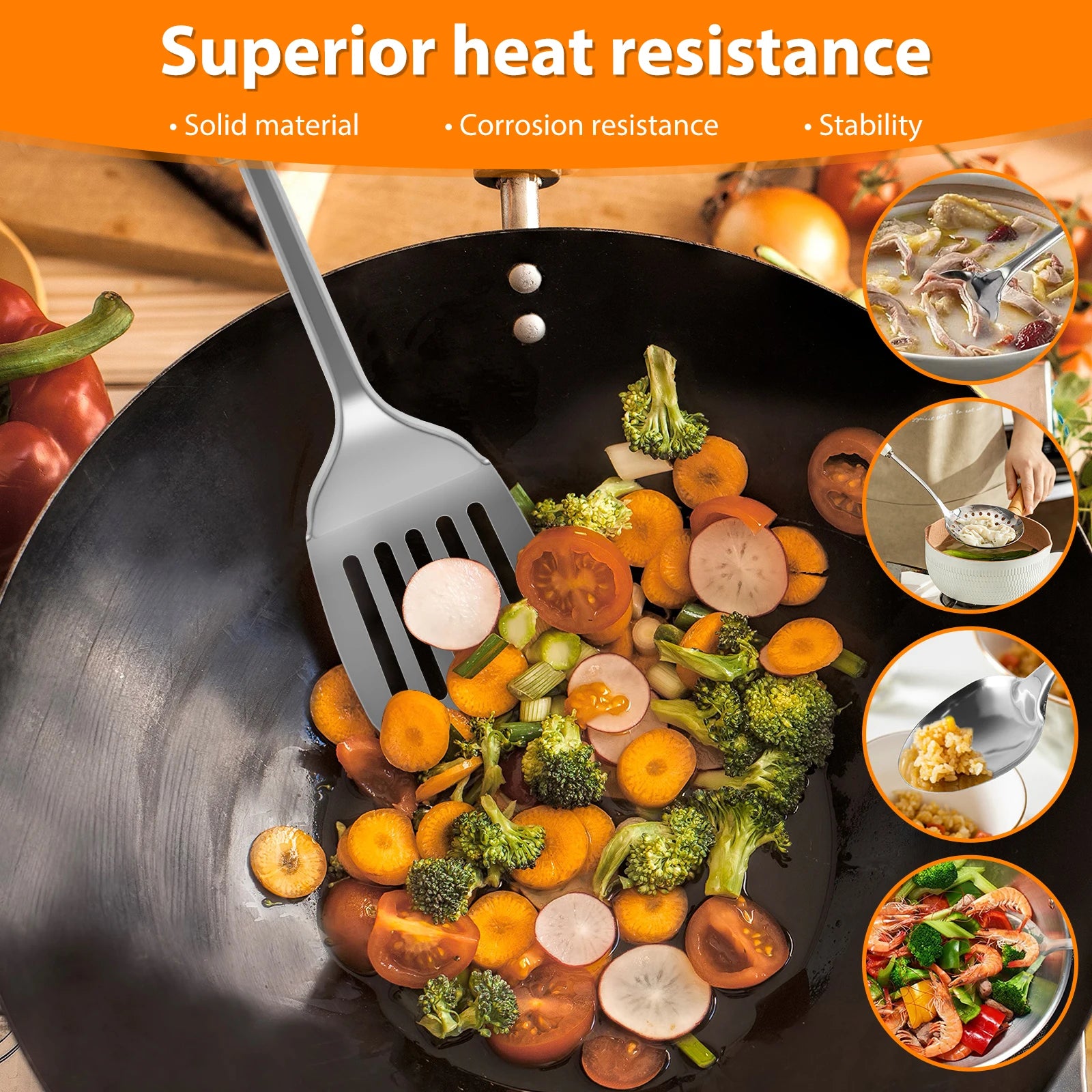 Juego de 5 utensilios de cocina de acero inoxidable duraderos, cucharas, espátulas y utensilios lavables.