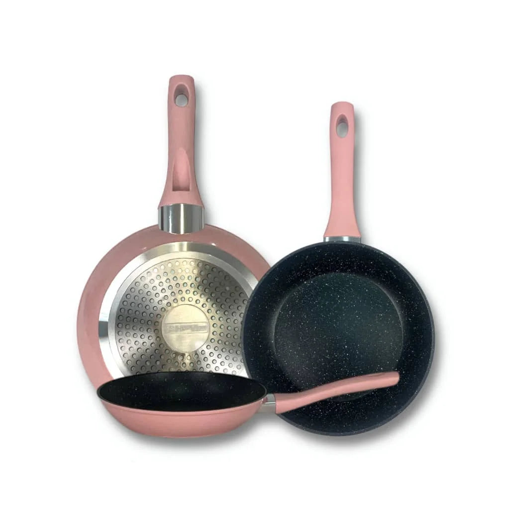 Pack X3 - Juego de utensilios de cocina a batería con 3 sartenes antiadherentes de granito (20 cm, 24 cm, 28 cm), aptas para lavavajillas, aptas para todas las fuentes de calor, fundidas a presión, compatibles con inducción, en gris y rosa.