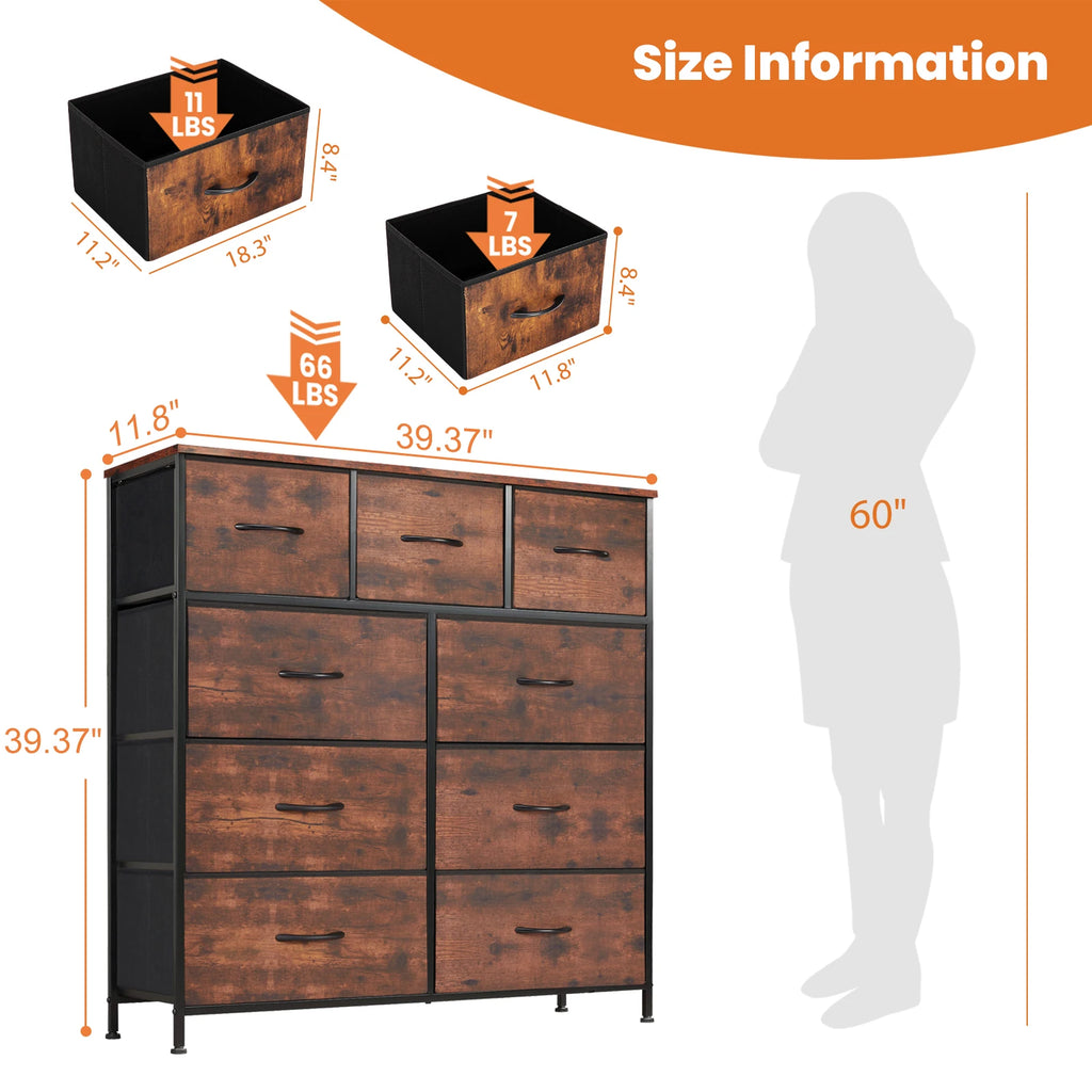 Cómoda JHK para dormitorio con 9 cajones de tela, armario alto, baúl organizador, armario para ropa de adultos y niños.