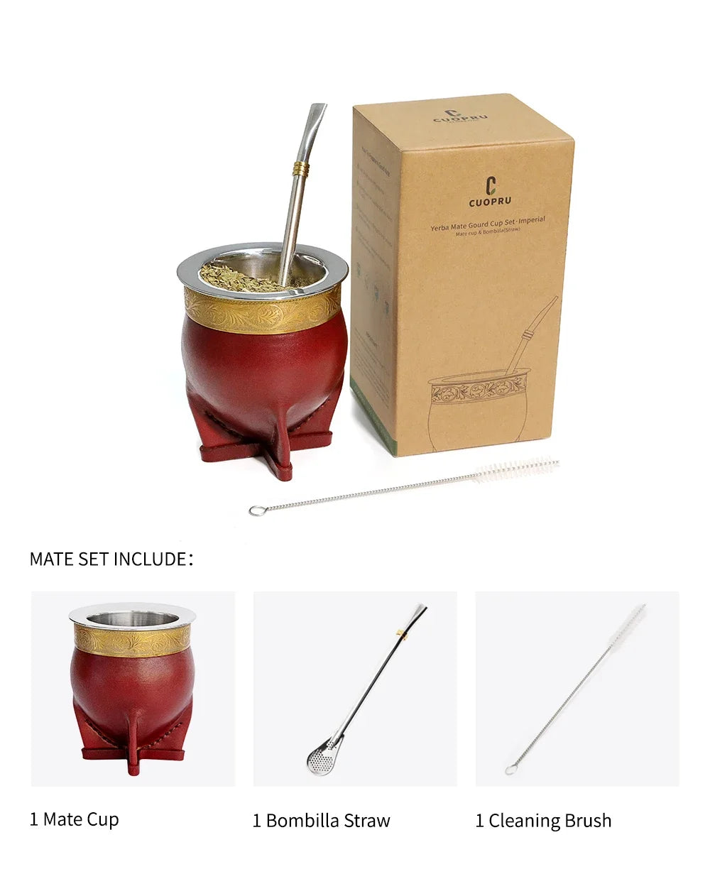 Juego de taza de té argentina de cuero hecho a mano y acero inoxidable 304 con bombilla (pajita) para yerba mate y cepillo de limpieza.