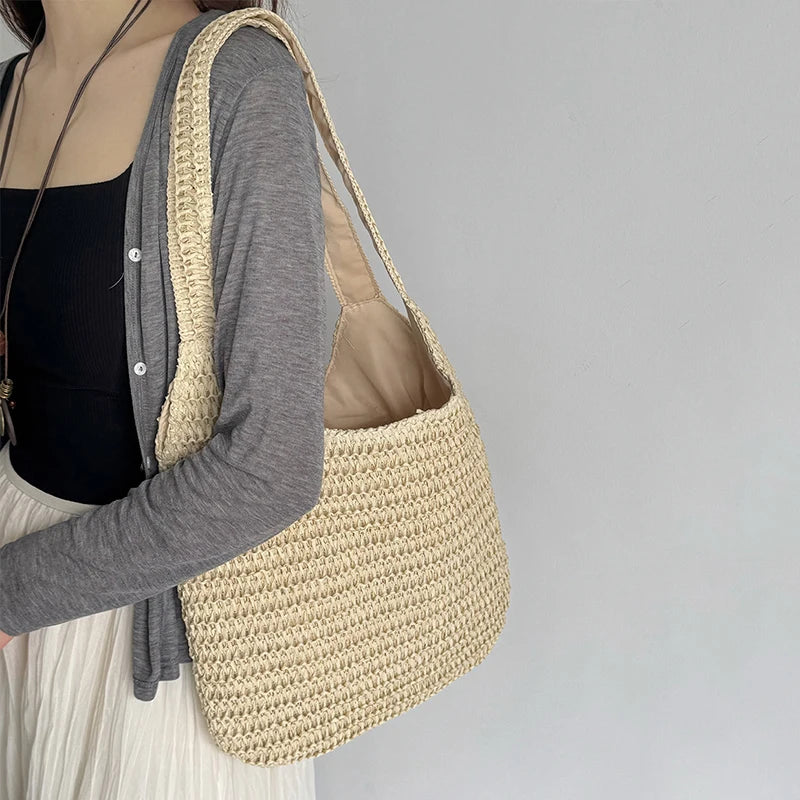 Bolsos de hombro de ratán para mujer, bolsos de mano tejidos para mujer, bolsos de paja de gran capacidad para la playa de verano, bolsos de mano informales.