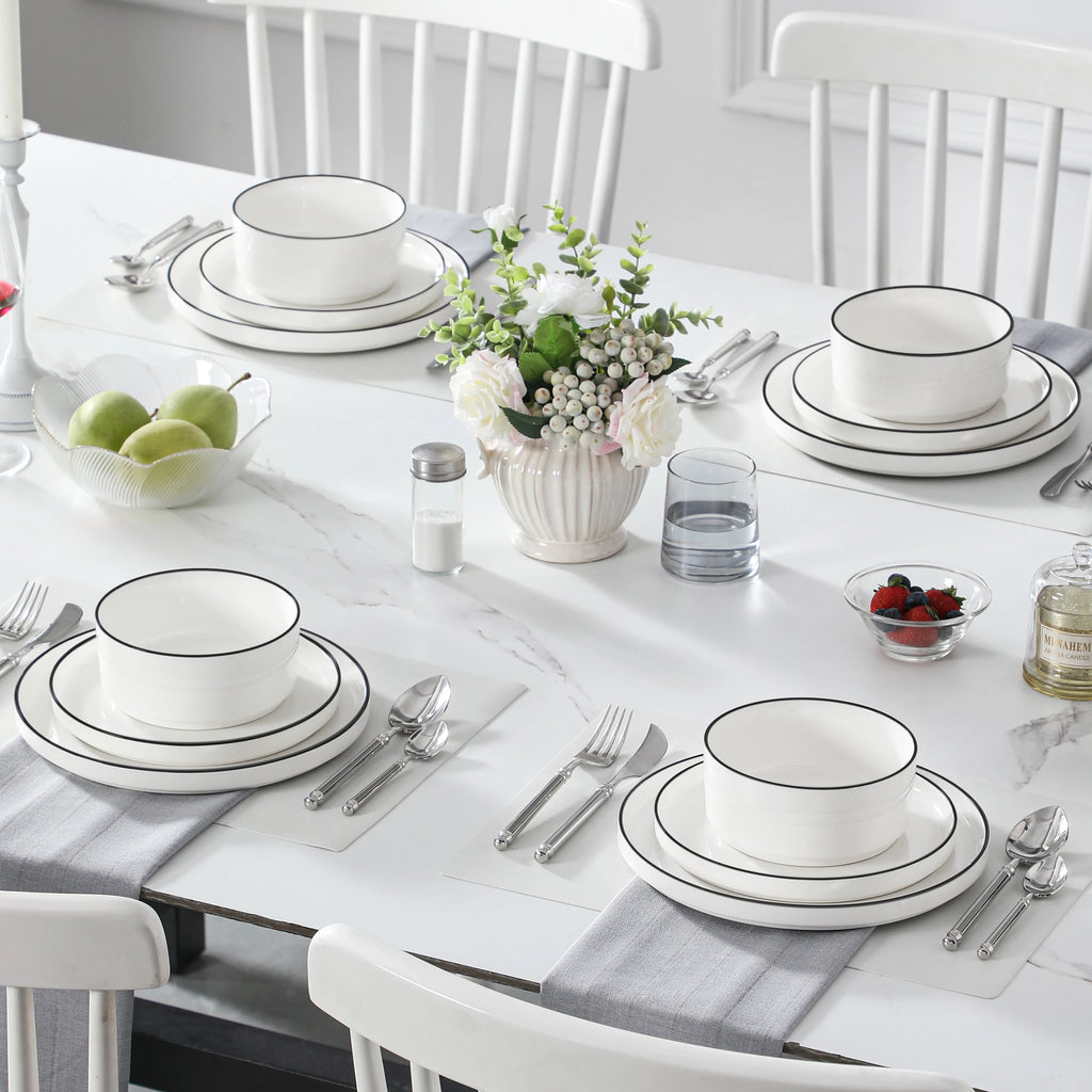 Juego de platos y cuencos MALACASA, 12 piezas, vajilla moderna de porcelana para 4 personas, juego de vajilla para comedor con borde negro.