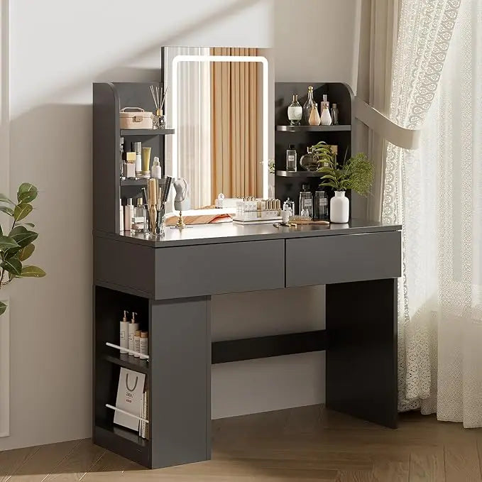 Tocador de maquillaje con espejo y luz LED regulable, tocador de maquillaje con 2 cajones y 4 estantes, estante inferior, mesa de escritorio,