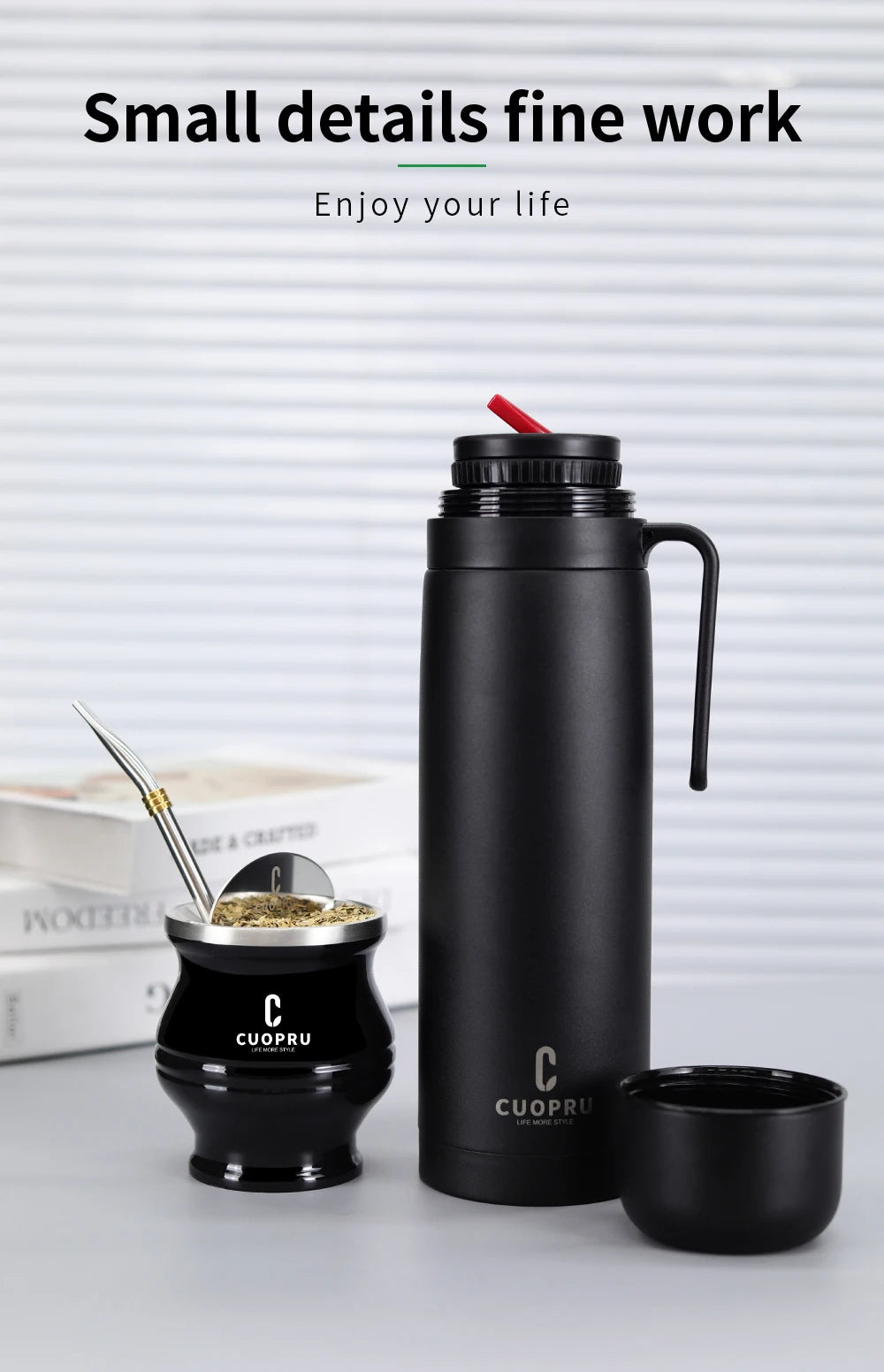 Kit completo de  mate negro: taza moderna de acero inoxidable para mate, termo, recipiente para yerba, juego de moldes para té, bombilla y pajita.