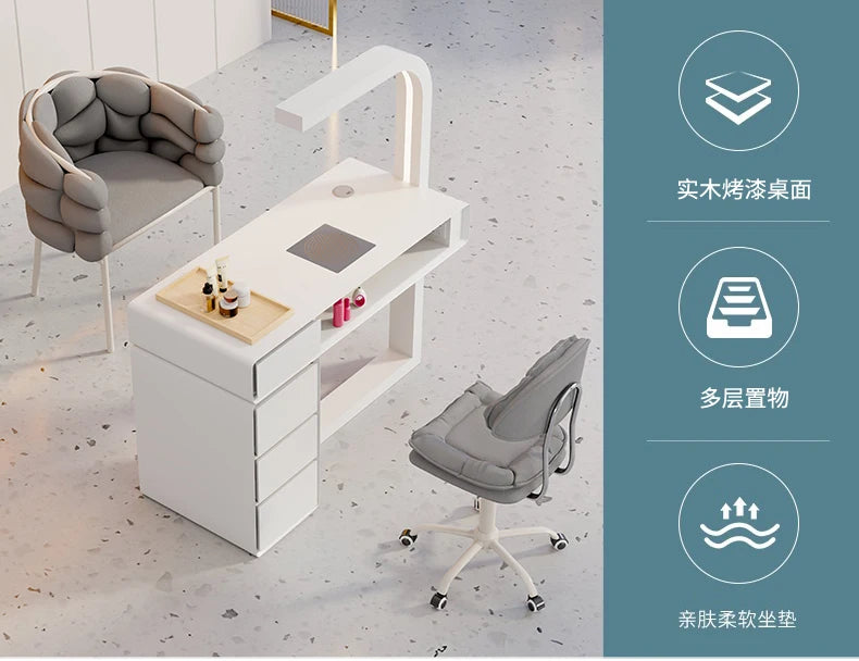 Cream Dust Collector Manicure Table With Lamp French Beauty Storage Nail Table Minimalist Aesthetic Table Ongle Salon Furniture