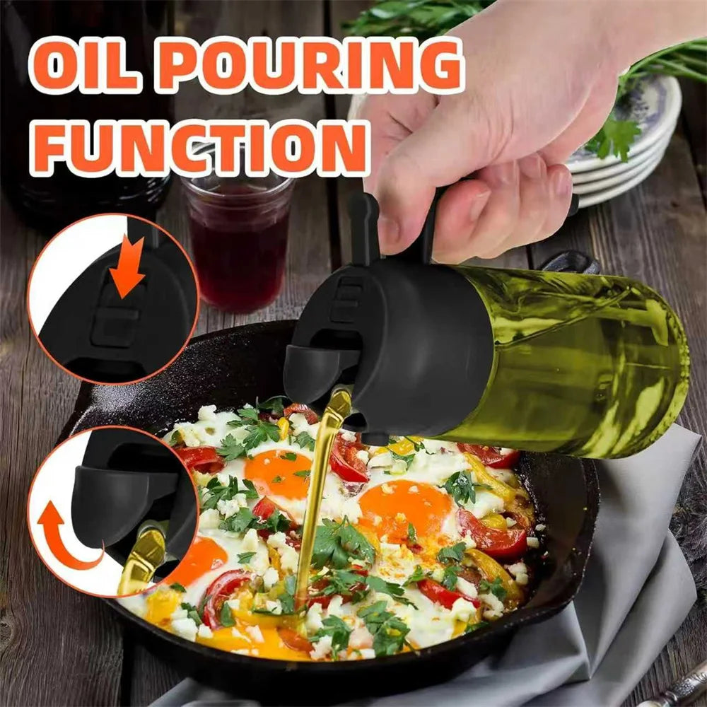Pulverizador de aceite de 470 ml para cocinar, dispensador de aceite de oliva y botella pulverizadora 2 en 1, pulverizador de aceite con pegatinas, botella pulverizadora de vidrio grueso