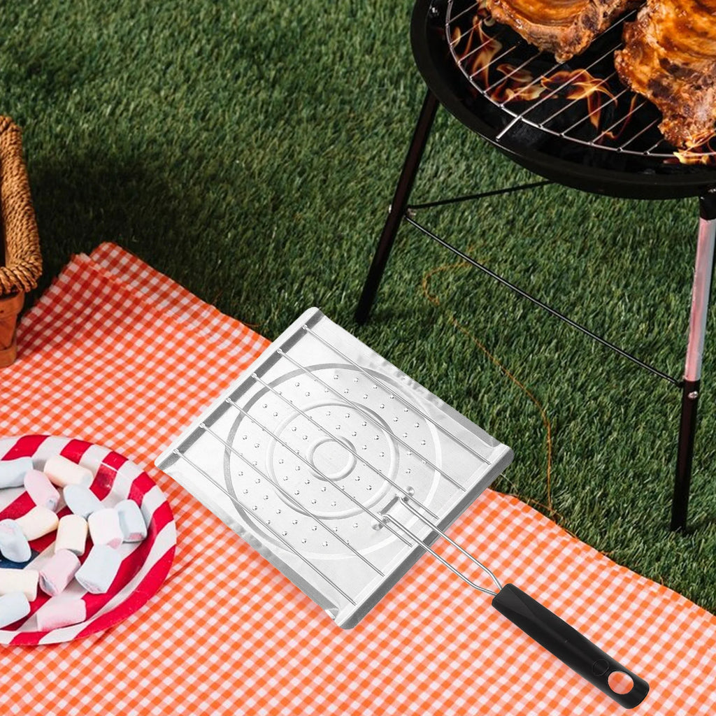 Tostadora para estufa de gas, parrilla de camping con asa plegable, bandeja para tostar pan al aire libre, color plata.