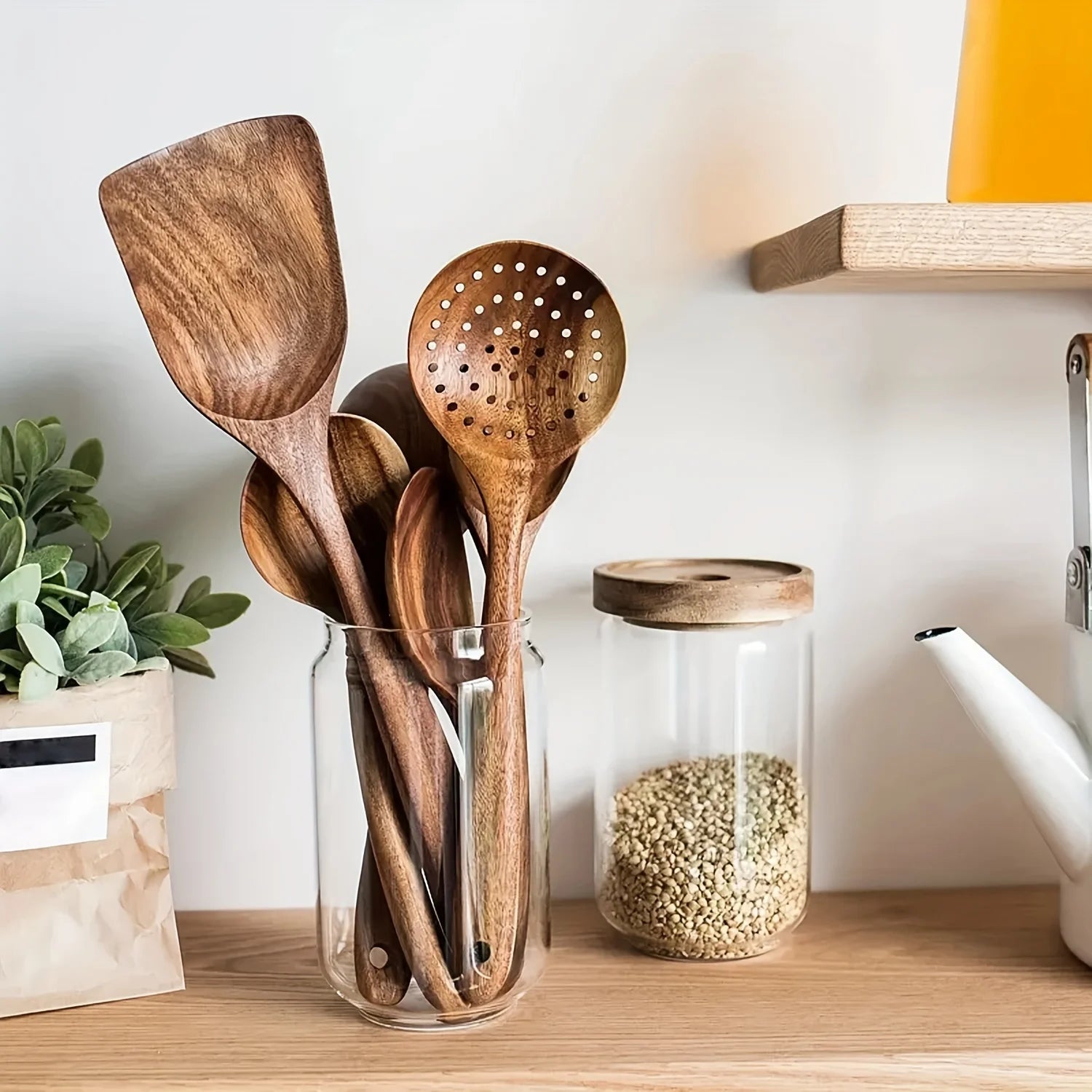 Juego de 5 utensilios de cocina de madera, cucharas de madera natural, espátula para sartén antiadherente, cucharón de cocina y espátulas para wok.