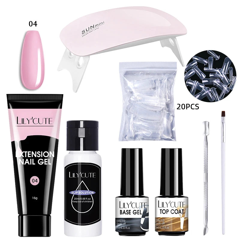 Kit de gel para extensión de uñas LILYCUTE de 15 ml, solución acrílica, esmalte en gel con lámpara para uñas para una rápida extensión, gel UV para uñas.