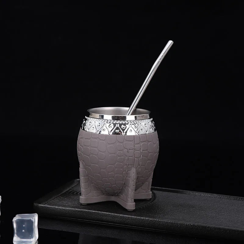 Mate de acero inoxidable de doble capa con pajita, textura de caparazón de tortuga