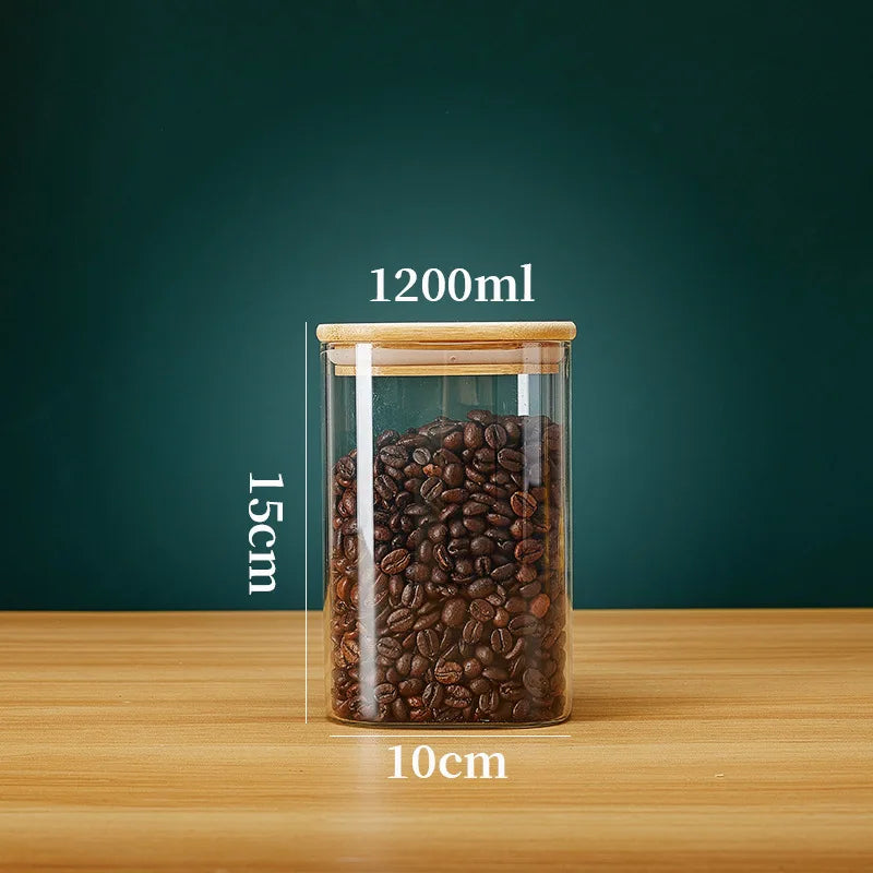 Tarros de vidrio cuadrados con tapa de bambú para almacenar granos de café, cereales, fideos y otros alimentos. Organizadores de cocina.
