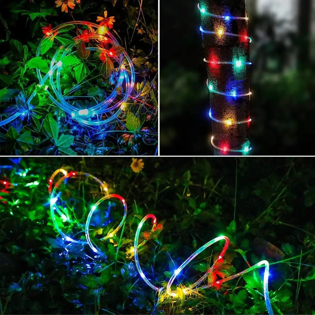 Tira de luces LED solares, tubo de cuerda, guirnalda de luces solares, decoración navideña para exteriores, jardín, césped, árbol, patio, valla.