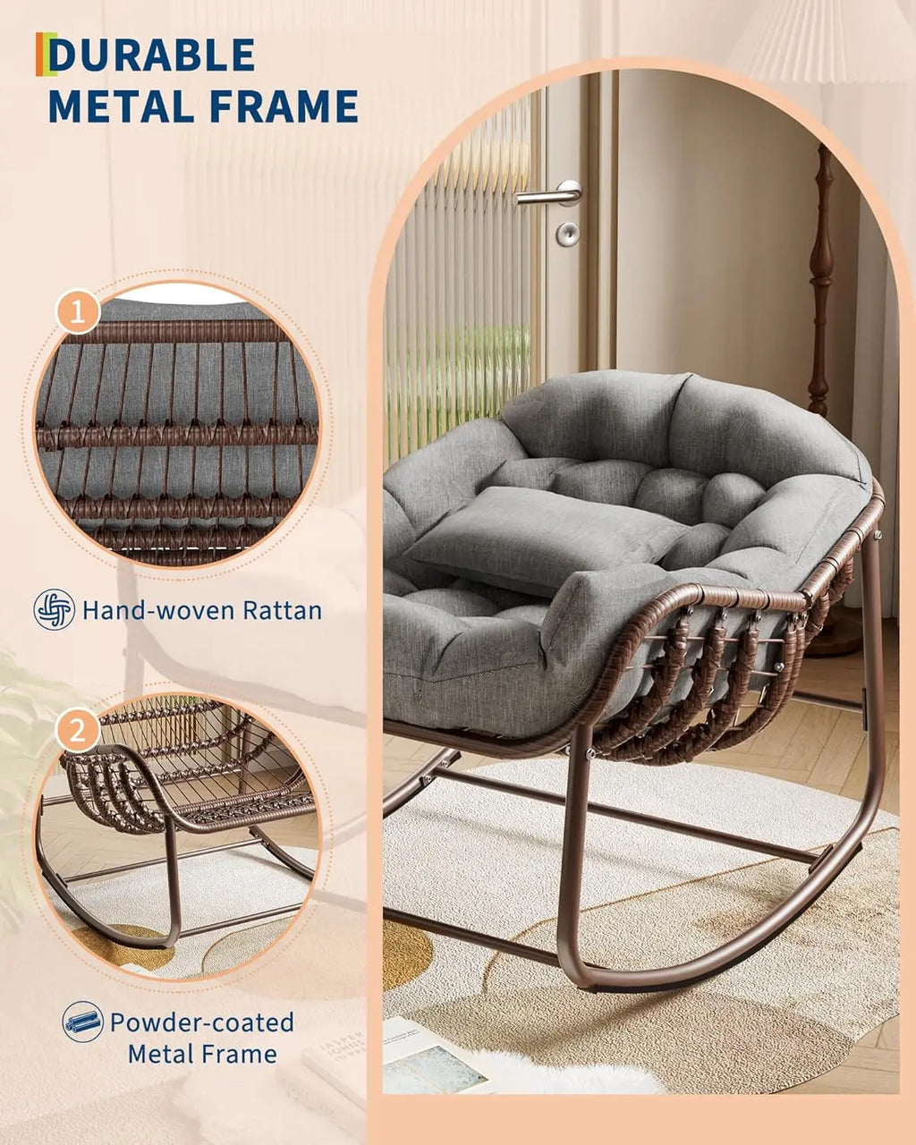 Silla mecedora Papasan para exteriores, sillón reclinable de mimbre extragrande con cojín y estructura metálica, mecedora de ratán para patio y balcón.