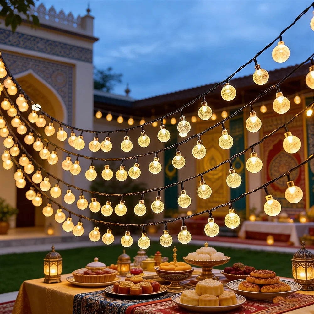 Guirnalda de luces LED solares para exteriores con globos de cristal y 8 modos de iluminación para jardín, patio, fiestas y decoración de árboles. Ramadán Kareem.