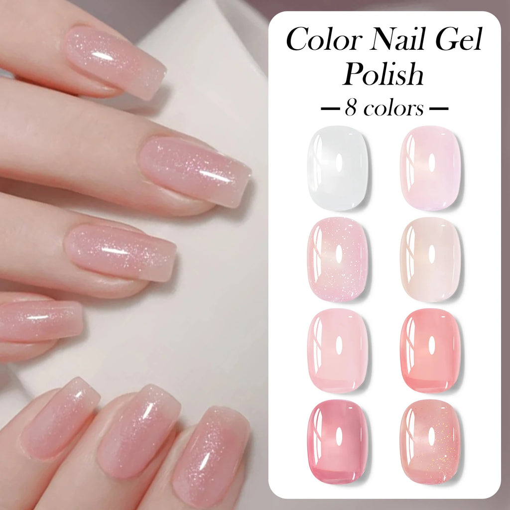 Set de 8 esmaltes de uñas en gel nude con caja, color translúcido, semipermanente, de fácil remoción, para uñas, con luz UV y LED. Suministros para manicura.