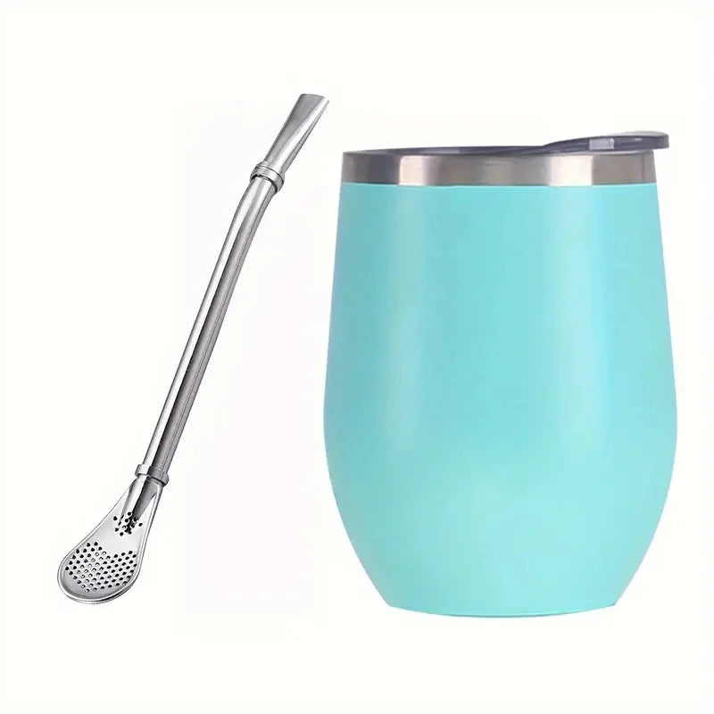 Juego de tazas para mate: vaso térmico de acero inoxidable con tapa y pajita, taza de mate de doble pared con cuchara para bebidas frías y calientes.