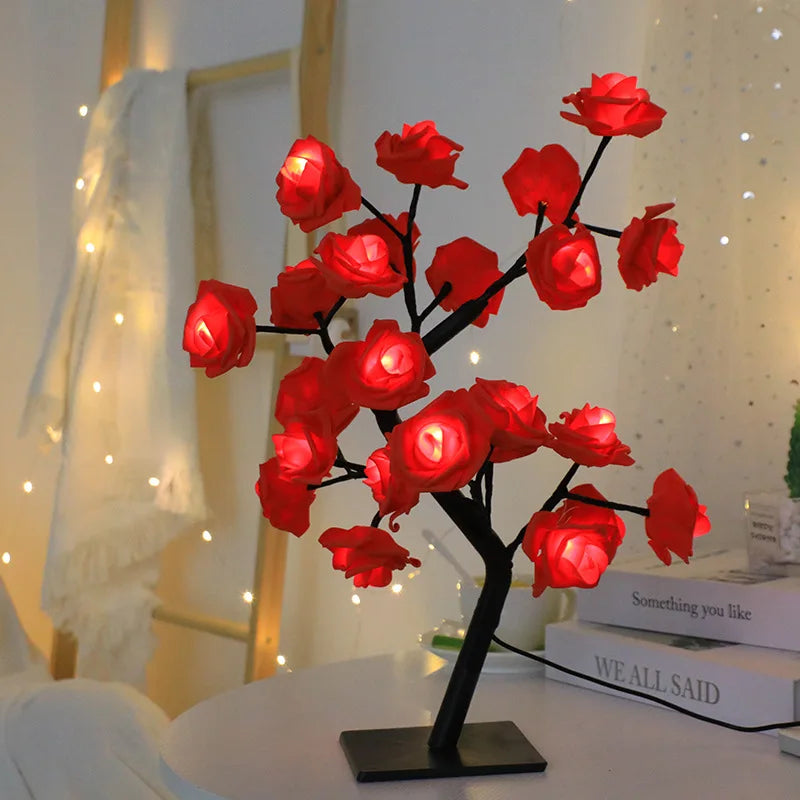 Lámpara de mesa con 24 luces LED de rosas rojas en forma de árbol, luz nocturna de hadas con forma de flor para decoración del hogar, fiestas, Navidad, bodas y dormitorios. Regalo ideal.