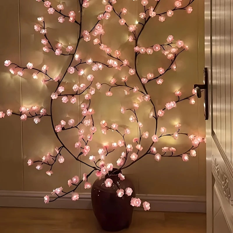 Guirnalda de ramas de cerezo con luces LED, 72/96 luces LED, ramitas de sauce y flores de durazno, ideal para fiestas en interiores, paredes, puertas y ventanas.