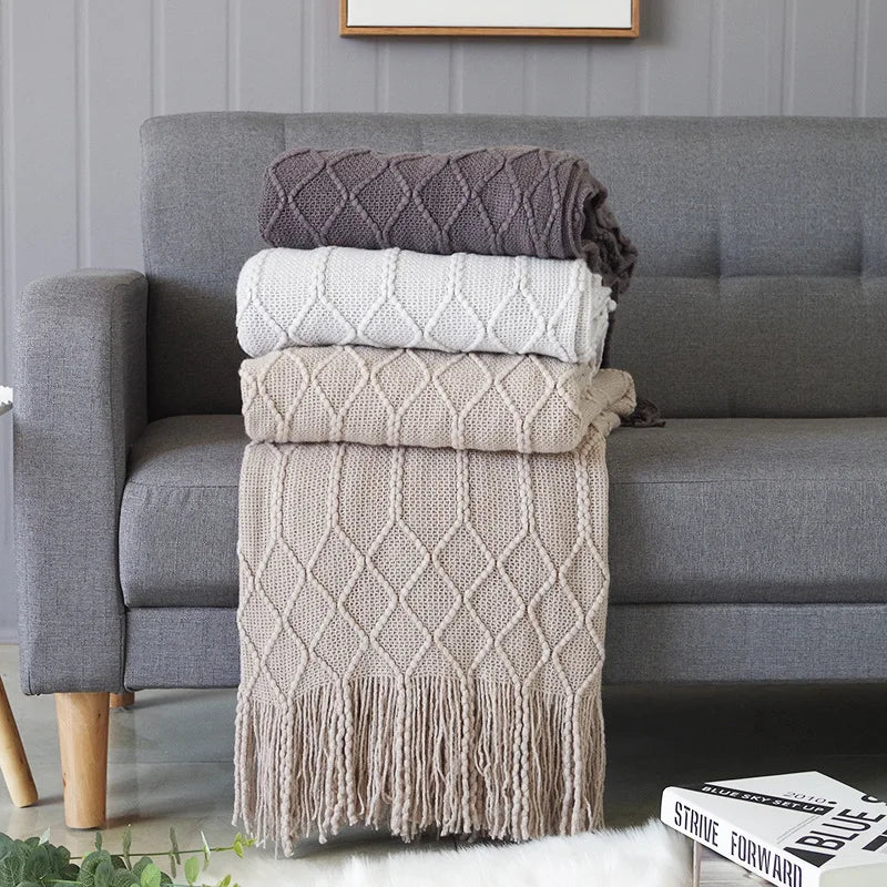 Mantas nórdicas de punto con borlas, color caqui, crema y gris, estilo vintage, ideales para cama, sofá o sillón. Funda de cama extragrande.