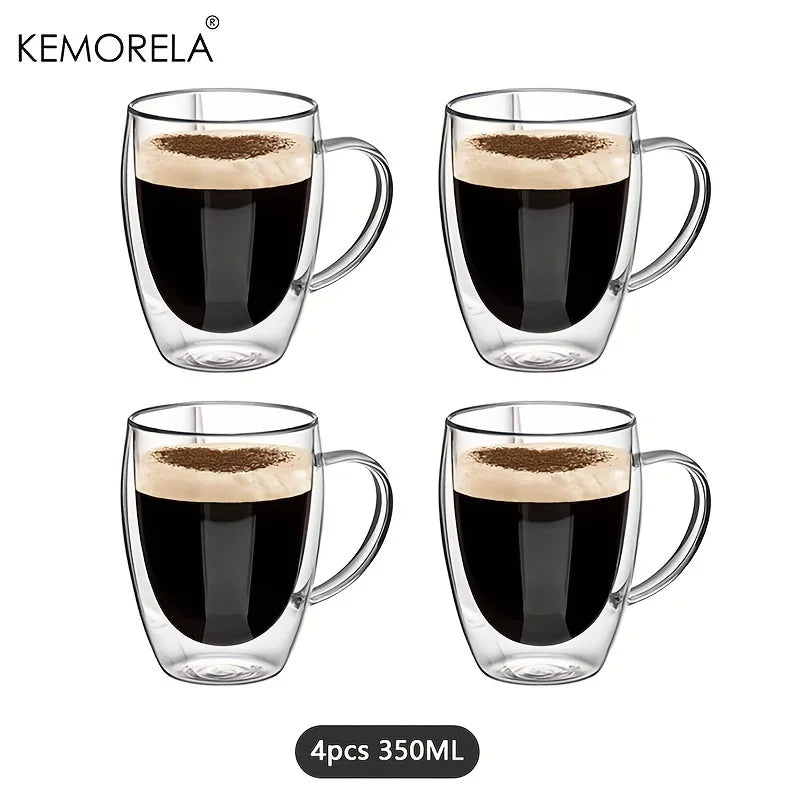 2/4/6 unidades Taza de café de vidrio de doble pared de 350 ml con asa Taza de capuchino de vidrio transparente Taza de café, té con leche, jugo y té