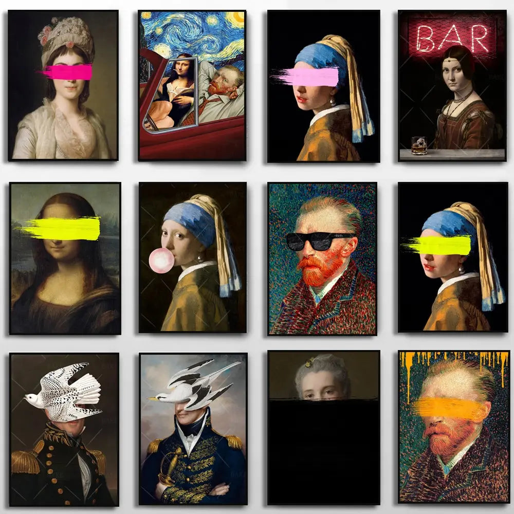 Pósteres de arte abstracto renacentista, Mona Lisa de Van Gogh, pinturas sobre lienzo con diseño de chicle, murales para decoración del hogar.